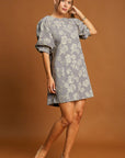 Umgee Floral Jacquard Puff Sleeve Mini Dress