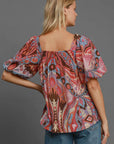 Umgee Full Size Abstract Print Smocked Square Neck Puff Sleeve Blouse