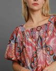 Umgee Full Size Abstract Print Smocked Square Neck Puff Sleeve Blouse