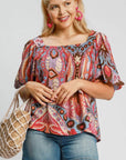 Umgee Full Size Abstract Print Smocked Square Neck Puff Sleeve Blouse