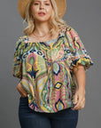 Umgee Full Size Abstract Print Smocked Square Neck Puff Sleeve Blouse