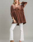 Umgee Full Size Beaded Frill Flounce Sleeve Velvet Babydoll Blouse