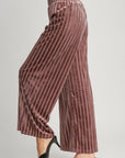 Umgee Full Size Elastic Waist Striped Wide Leg Velvet Pants