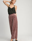 Umgee Full Size Elastic Waist Striped Wide Leg Velvet Pants