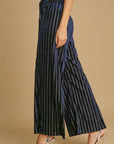 Umgee Full Size Elastic Waist Striped Wide Leg Velvet Pants