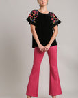 Umgee Full Size Velvet Embroidery Short Sleeve Blouse