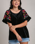 Umgee Full Size Velvet Embroidery Short Sleeve Blouse