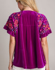 Umgee Full Size Velvet Embroidery Short Sleeve Blouse