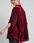 Umgee Pearl Detail Collared Neck Velvet Babydoll Blouse