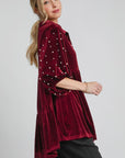 Umgee Pearl Detail Collared Neck Velvet Babydoll Blouse