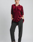 Umgee Pearl Detail Collared Neck Velvet Babydoll Blouse