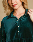 Umgee Pearl Detail Half Sleeve Velvet Babydoll Blouse