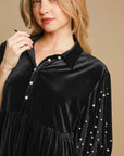 Umgee Pearl Detail Half Sleeve Velvet Babydoll Blouse