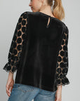 Umgee Polka Dot Lace Long Sleeve Round Neck Blouse