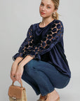 Umgee Polka Dot Lace Long Sleeve Round Neck Blouse