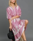 Umgee Printed Notched Midi Dress