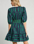 Umgee Ribbon Print Frill Contrast Velvet Trim Half Sleeve Dress