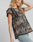 Umgee Ruffled Landscape Print Short Sleeve French Terry Top