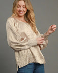 Umgee Wrinkled Round Neck Lantern Sleeve Blouse