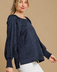 Umgee Wrinkled Round Neck Lantern Sleeve Blouse