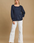 Umgee Wrinkled Round Neck Lantern Sleeve Blouse