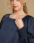 Umgee Wrinkled Round Neck Lantern Sleeve Blouse