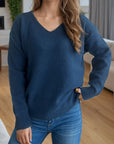 V-Neck Dropped Shoulder Long Sleeve Sweater