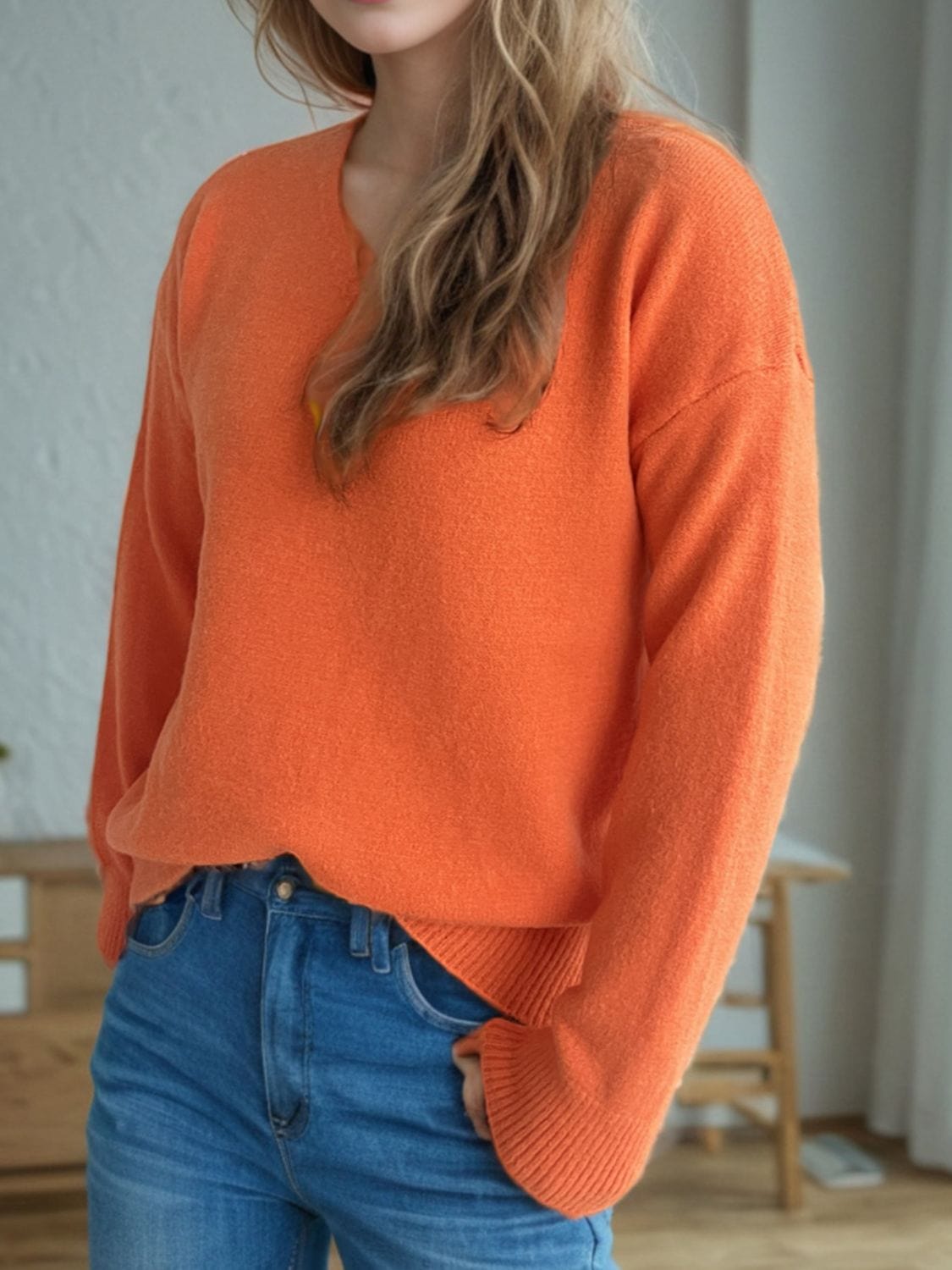 V-Neck Dropped Shoulder Long Sleeve Sweater