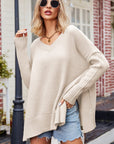 V-Neck Dropped Shoulder Ribbed Long Sleeve Sweater