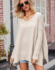 V-Neck Dropped Shoulder Ribbed Long Sleeve Sweater