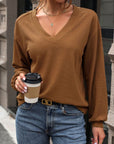 Dark Olive Green V-Neck Long Sleeve Top