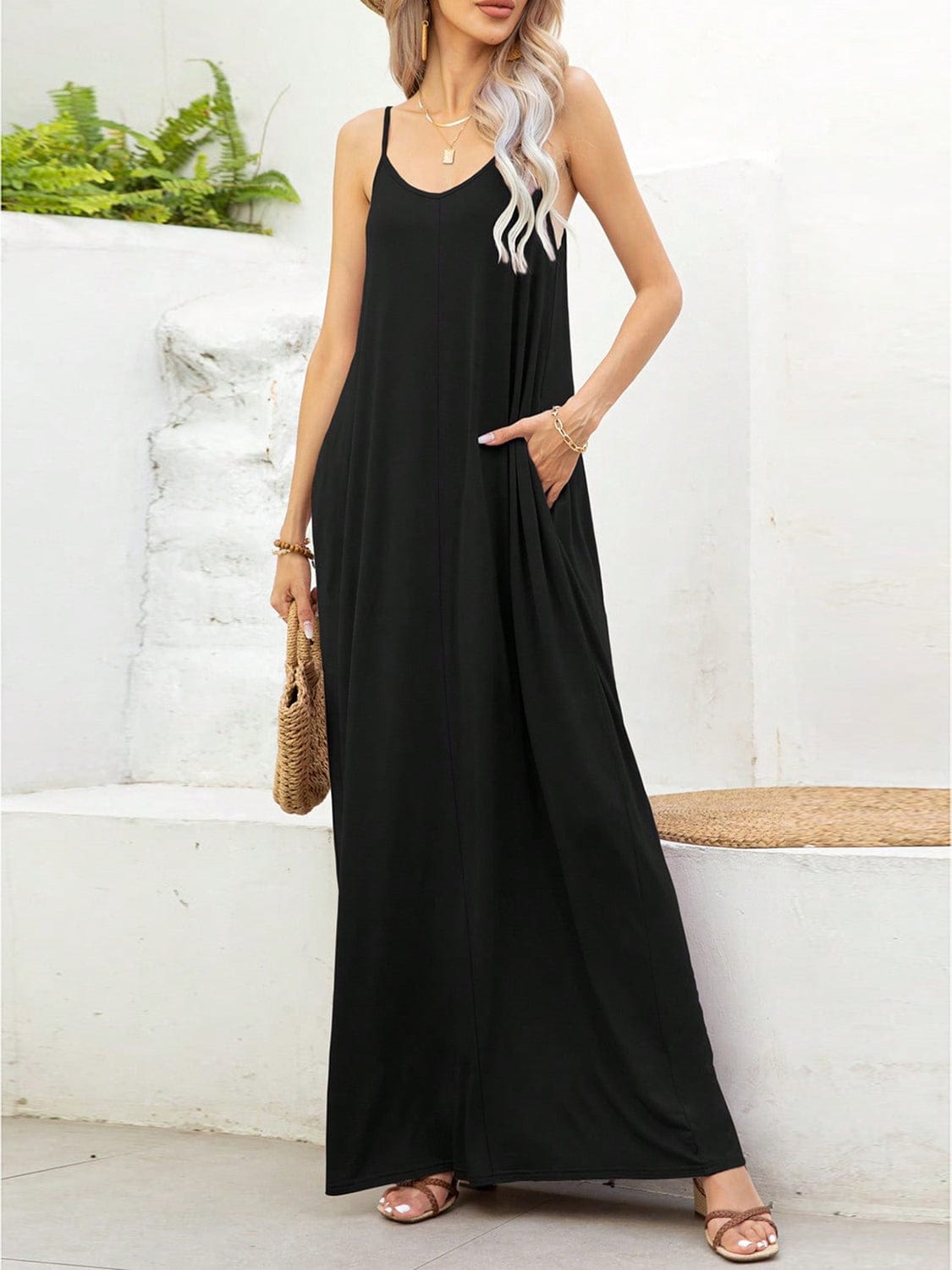 Black V-Neck Maxi Cami Dress with Pockets