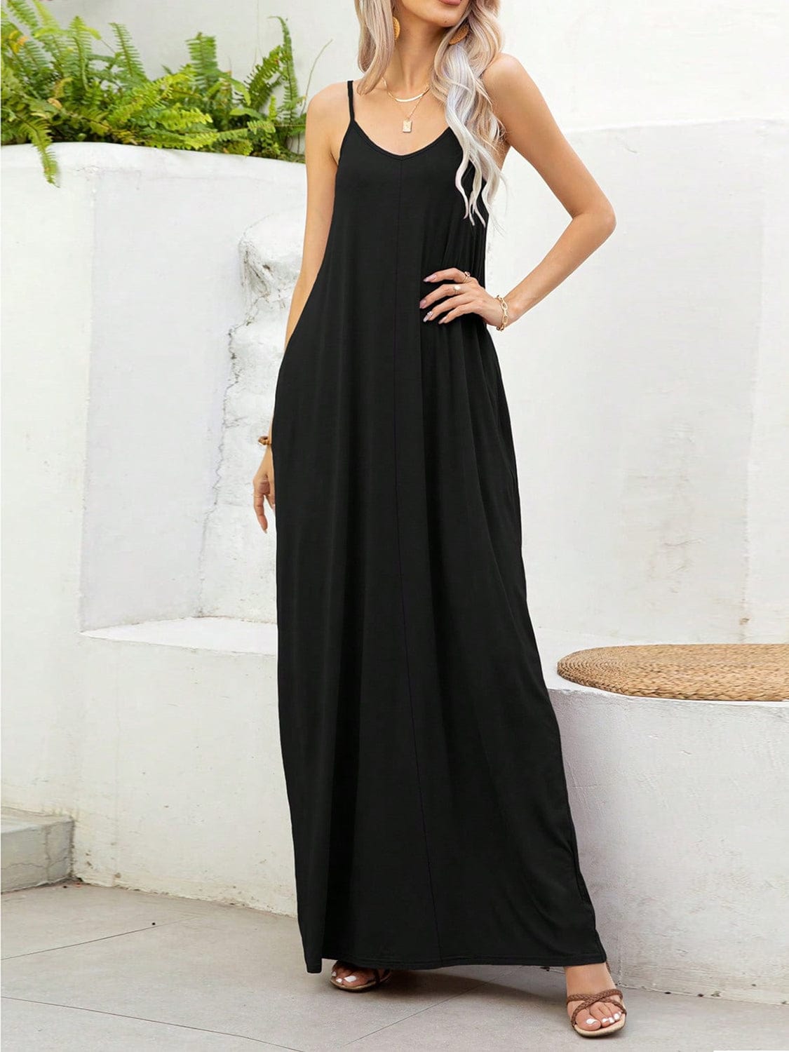 Black V-Neck Maxi Cami Dress with Pockets