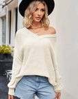 V-Neck Ribbed Dropped Shoulder Knit Top