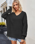 V-Neck Ribbed Dropped Shoulder Knit Top