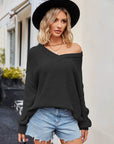 V-Neck Ribbed Dropped Shoulder Knit Top