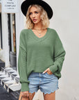 V-Neck Ribbed Dropped Shoulder Knit Top