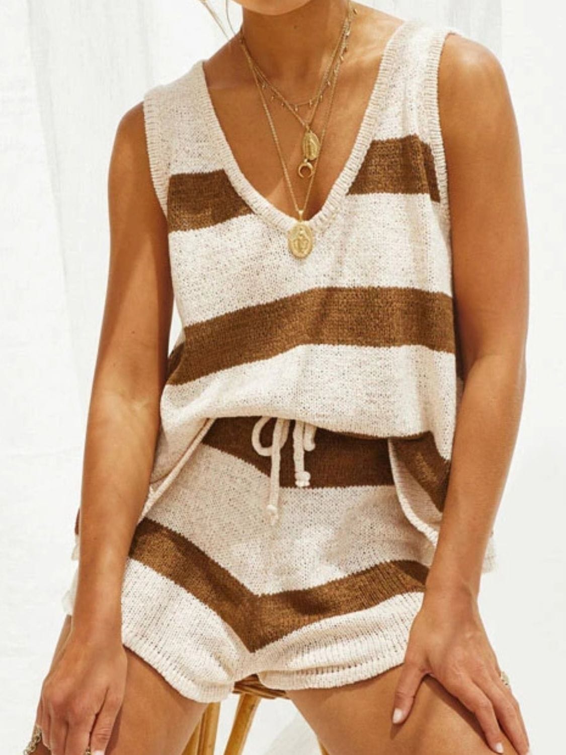 Sienna V-Neck Sleeveless Top and Drawstring Shorts Sweater Set