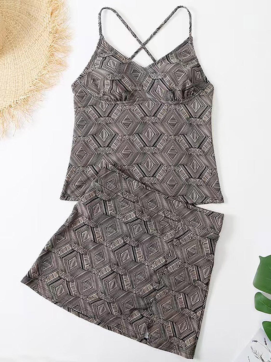 Dark Slate Gray V-Neck Spaghetti Strap Top and Skirt Swim Set