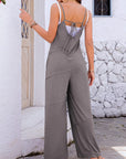 Gray V-Neck Spaghetti Strap Wide Leg Jumpsuit