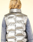 VERY J Shiny Metallic Zip Up Puffer Vest