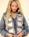 VERY J Shiny Metallic Zip Up Puffer Vest