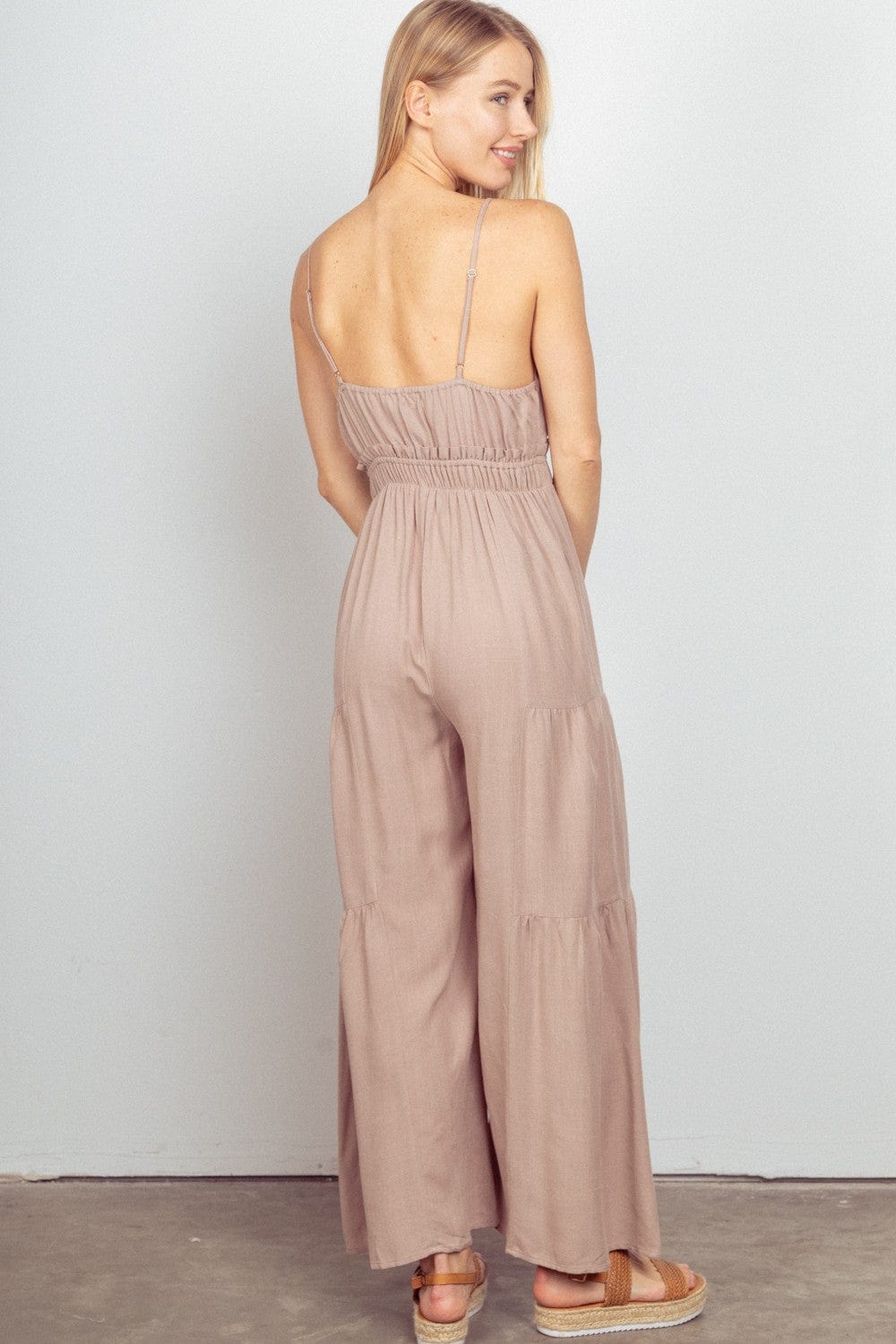 Light Gray VERY J Sleeveless Ruched Wide Leg Jumpsuit