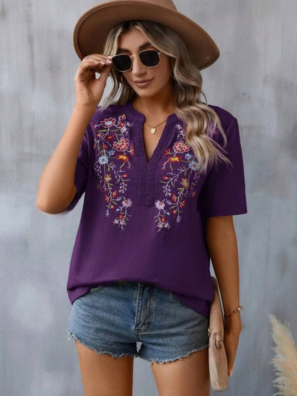 Dark Gray Embroidered Notched Short Sleeve T-Shirt