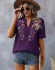 Dark Gray Embroidered Notched Short Sleeve T-Shirt