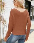 Waffle-Knit Drawstring Detail V-Neck Sweater