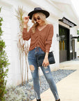 Waffle-Knit Drawstring Detail V-Neck Sweater