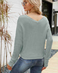 Waffle-Knit Drawstring Detail V-Neck Sweater