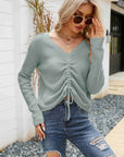 Waffle-Knit Drawstring Detail V-Neck Sweater