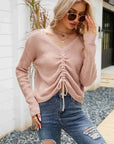 Waffle-Knit Drawstring Detail V-Neck Sweater